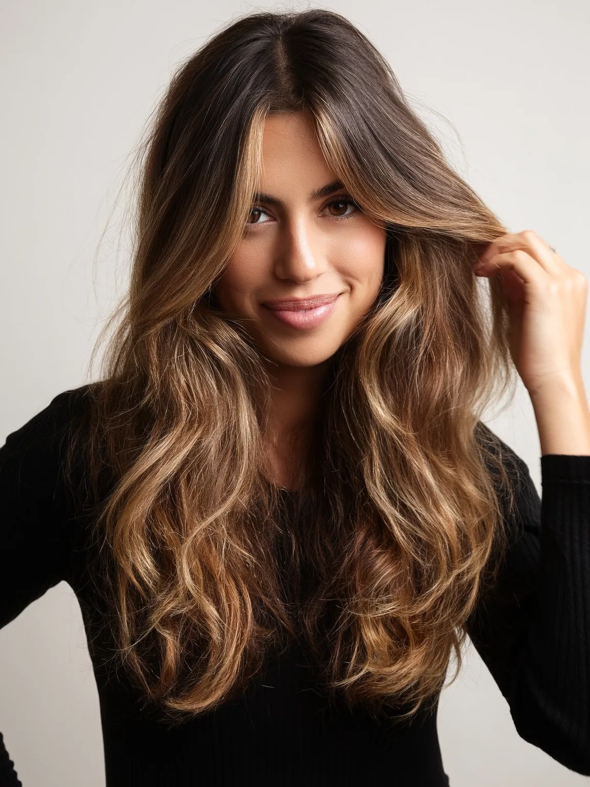 Wavy Long Layers with Caramel Brown and Honey Blonde Balayage